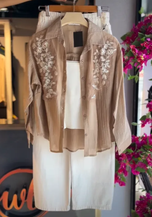 Elegant Embroidered Sheer Shirt with Inner Top & Wide-Leg Shorts Co-Ord Set